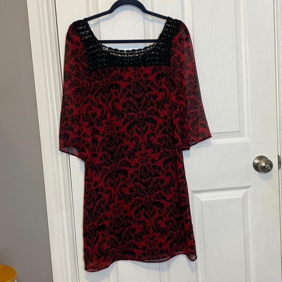 Vertigo Paris Red & Black Chiffon Baroque Shift Dress Sequined Yoke S - Picture 10 of 13